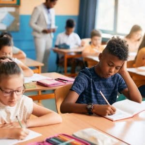 Elementary students writing dictation during class in the classroom.